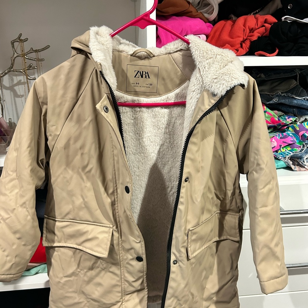 Zara Beige and Pink Jacket with Faux Fur